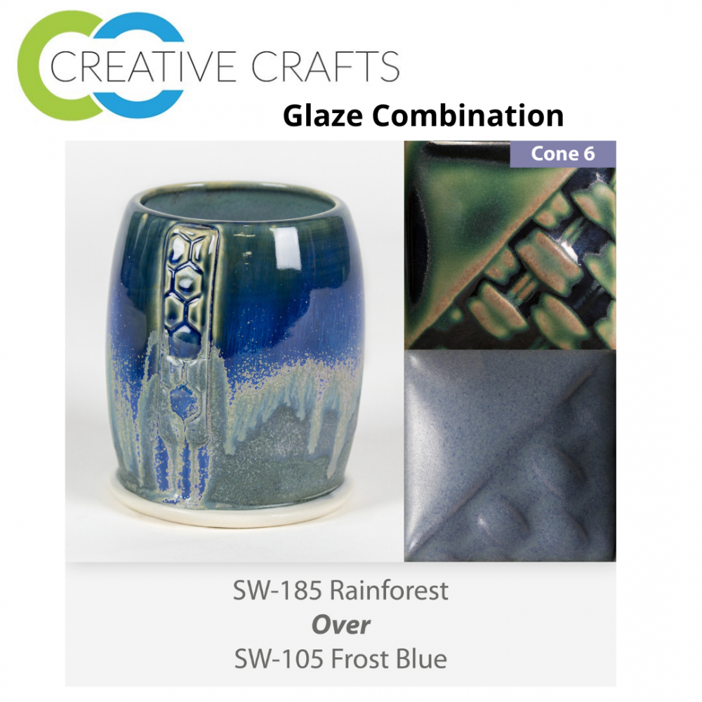 Stoneware Combination Rainforest Blue over SW105 SW185 Glaze Frost